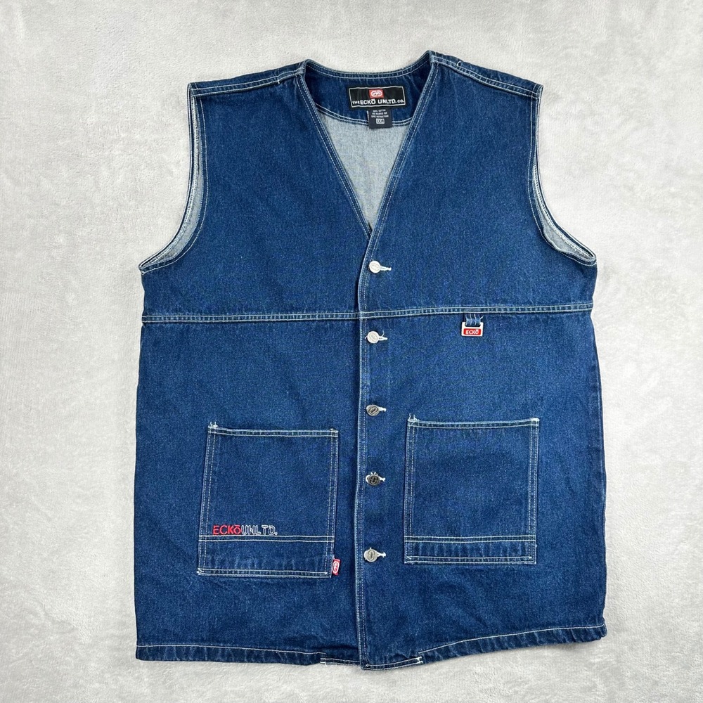 Vintage Ecko Unltd Denim Vest Mens XXL Dark Blue Streetwear Casual 90s Y2K
